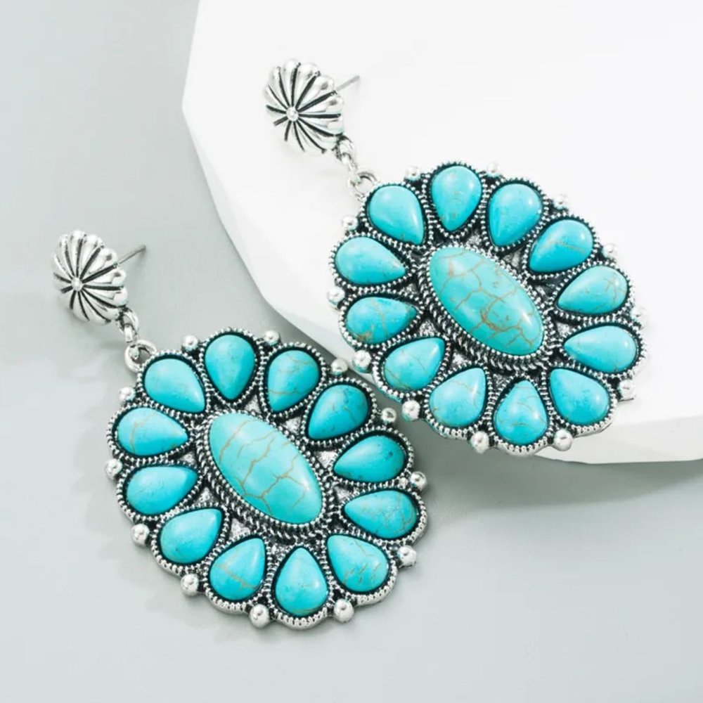 Western Southwestern Silver & Turquoise Boho Oval Dangle Earrings NEW - Picture 4 of 4